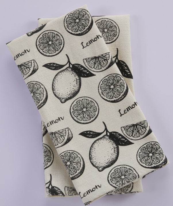 Premium Cotton Printed Towels - Lemon Print Set of 2 Kitchen Towels - 100 % Cotton - Ivory / Black